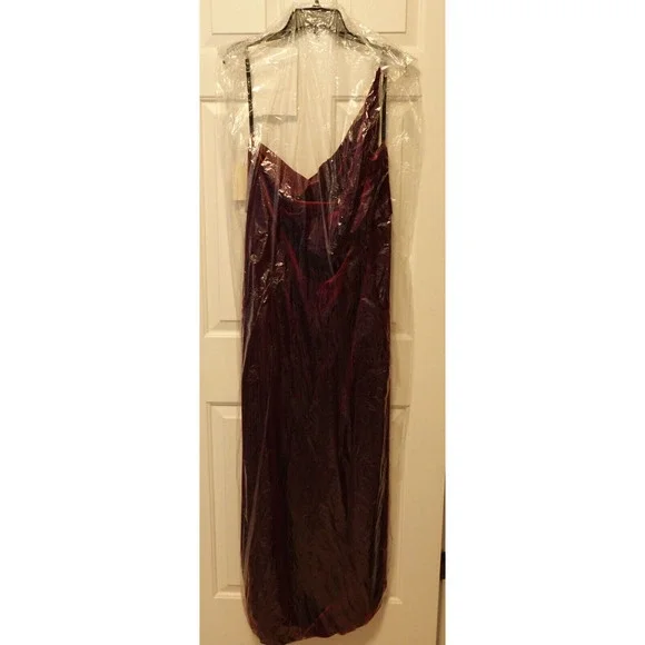 AFTER SIX 1556 SIZE 14 ONE-SHOULDER VELVET MAXI DRESS POCKETS CABERNET RED NEW - Picture 5 of 5